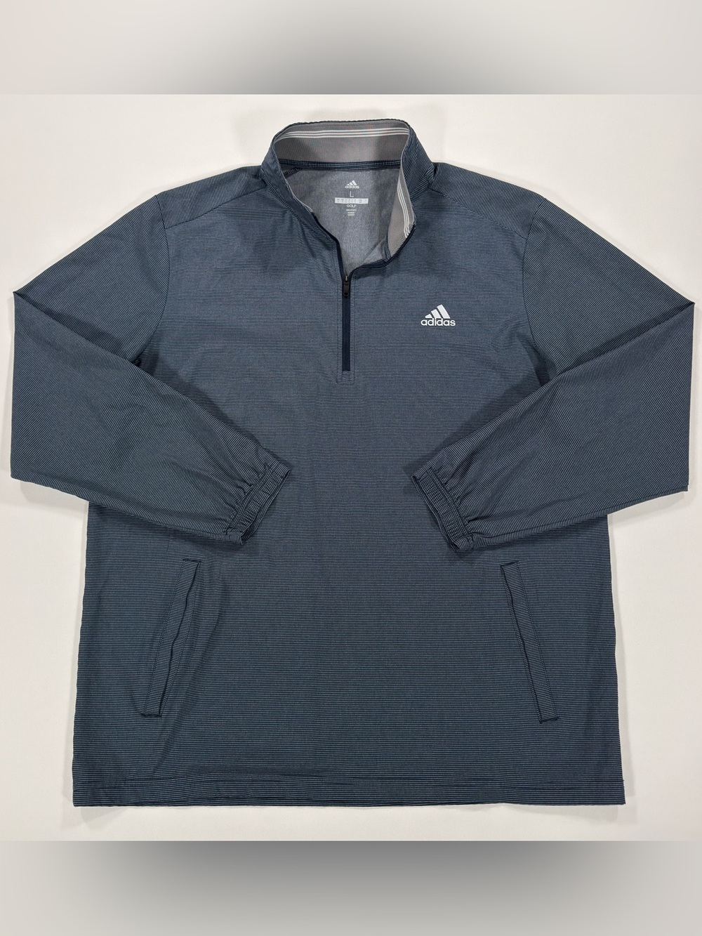 Adidas Golf Pullover Mens Large 1/4 Zip Blue Gray Micro Striped Jacket Pockets